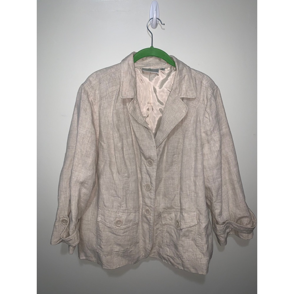 Studio Works Womens XL Beige 100% Linen Lined Blazer Jacket Professional Neutral
